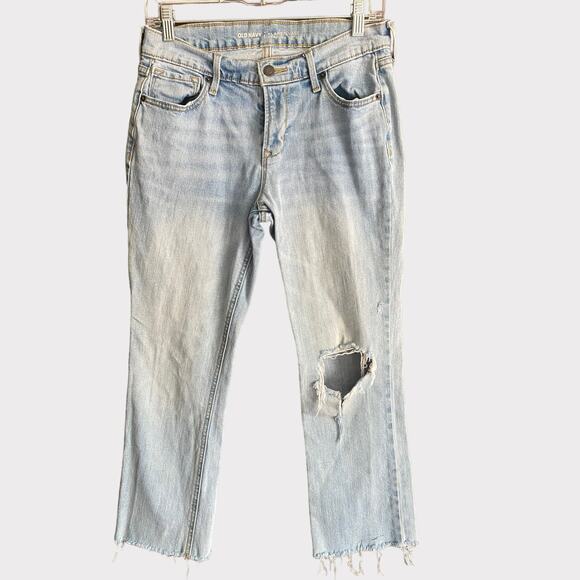 Old Navy Flare Mid Rise Light Wash Denim Jeans Distressed Hole in Knee Sz 6 - Picture 1 of 7